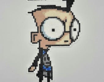 May include: Pixel art of a character with large, round glasses, black hair, and a black outfit. The character is made of small, colorful beads, creating a mosaic effect. The background is plain white.