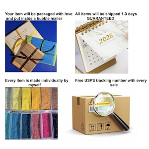 May include: Image features a collection of items, including wrapped packages, a 2025 calendar, and a box with a magnifying glass. The packages are in various colors, and the calendar is gold. The box has shipping labels.