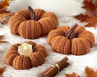 CROCHET PATTERN – Freja Hybrid Pumpkins (English & Swedish), 3 sizes, Stackable Rustic Fall Decor, LED-light Holders