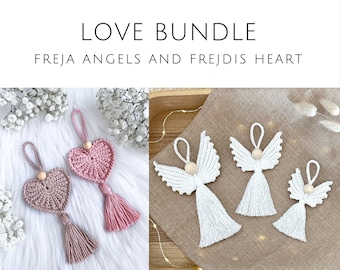 PATTERN BUNDLE: Crochet heart "Frejdis" and "Freja" angels in 3 sizes. Home decoration gift, valentine, love patterns in English and Swedish