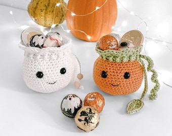 PATTERN: Crochet Halloween gift bags 2-i-1, candy bag, ghost and pumpkin, crochet pattern, crochet pattern in English (US-terms) and Swedish