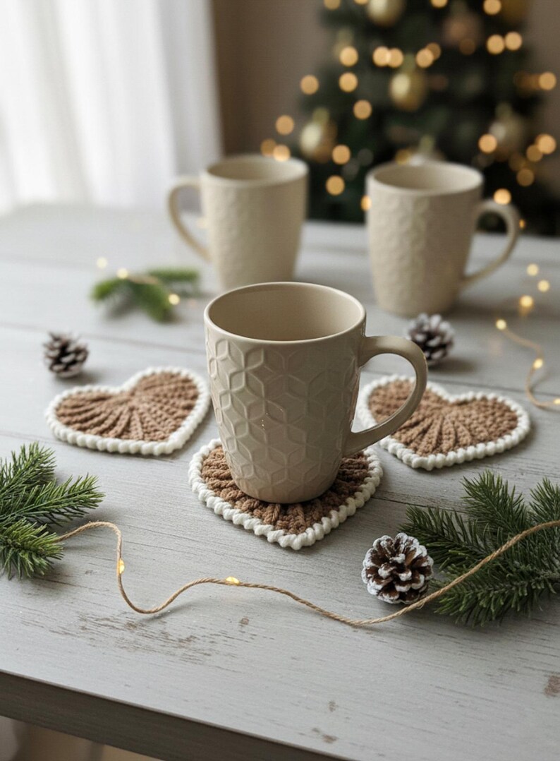 Frejdis heart coasters are beautiful, timeless, and the perfect handmade gift for someone you love. Crochet them in warm gingerbread tones for Christmas – or in soft pink and red for Valentine´s Day. A handmade detail that brings a touch of love to your table all year round! ♡ Tea, coffie, warm chocolate, christmas vibes, christmas gift ideas, gift for her, gift for him
Crochet heart mugrugs. The perfect and quick handmade valentine gift.  Heart, elegant, classic, simple design. Animo design
