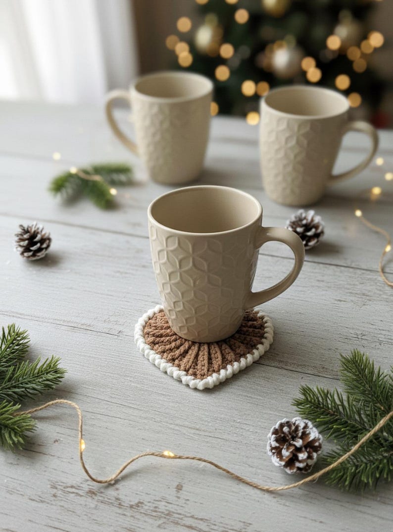 Frejdis heart coasters are beautiful, timeless, and the perfect handmade gift for someone you love. Crochet them in warm gingerbread tones for Christmas – or in soft pink and red for Valentine´s Day. A handmade detail that brings a touch of love to your table all year round! ♡ Tea, coffie, warm chocolate, christmas vibes, christmas gift ideas, gift for her, gift for him
Crochet heart mugrugs. The perfect and quick handmade valentine gift.  Heart, elegant, classic, simple design. Animo design