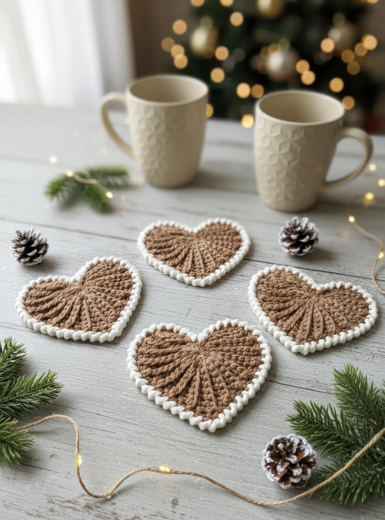 Frejdis heart coasters are beautiful, timeless, and the perfect handmade gift for someone you love. Crochet them in warm gingerbread tones for Christmas – or in soft pink and red for Valentine´s Day. A handmade detail that brings a touch of love to your table all year round! ♡ Tea, coffie, warm chocolate, christmas vibes, christmas gift ideas, gift for her, gift for him
Crochet heart mugrugs. The perfect and quick handmade valentine gift.  Heart, elegant, classic, simple design. Animo design