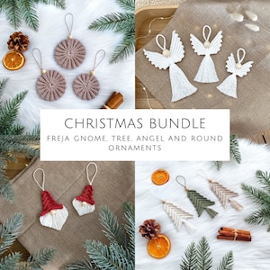May include: A Christmas ornament bundle featuring a gnome, tree, angel, and round ornaments. The ornaments are made of macrame and have a white, beige, and green color scheme. The text "CHRISTMAS BUNDLE" and "FREJA GNOME, TREE, ANGEL AND ROUND ORNAMENTS" is displayed on a white banner.