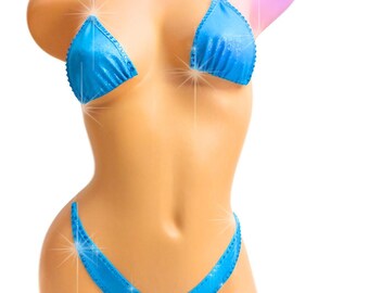 Bikini turquesa con pedrería holográfica: ropa de baile exótica con elástico transparente ajustable.