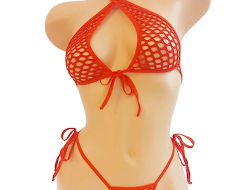Red Fishnet Lingerie Set - Adjustable Halter Top & Thong, XS-XL