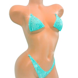 Seafoam Rhinestone Bikini: Clear Elastic Exotic Dancewear