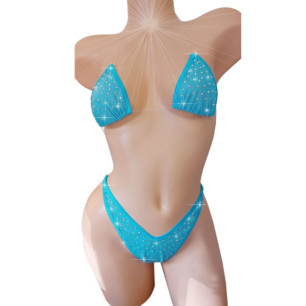 FULLY Lined Sky Blue Sparkle and Rhinestones! AA cup to DD cup! Adjustable Clear invisible elastic thong string bikini Stripper Pole outfits