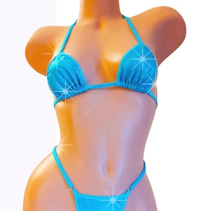 Beach Blue Bikini all way stretch - 5 Mix/Match sizes AA to DD and Xsm to XL. Adjustable waistband G-string thong * Exotic Stripper Pole
