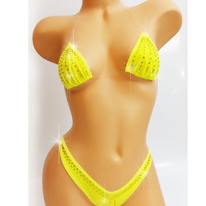 Neon Yellow Rhinestone Thong Bikini – Glows in Black Light