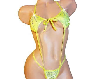 AA to DD cups - Glows in Black Light *The MARYJANE* Rhinestone one piece Thong Bikini in Yellow- 12 colors available - All straps adjustable