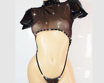 STRASS Einteiliges Kurzarm-Crop-Top mit verstellbarem unteren Slider Slingshot – Exotische Tanzbekleidung, Stripper-Outfits, PoleDance-Dessous