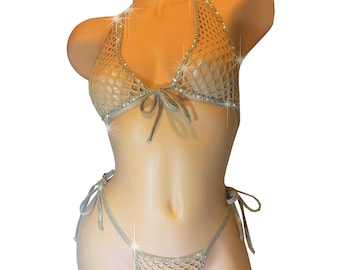 Rhinestone Fishnet Lingerie Set: Halter Top & Tie Side Thong, Rave Dancewear