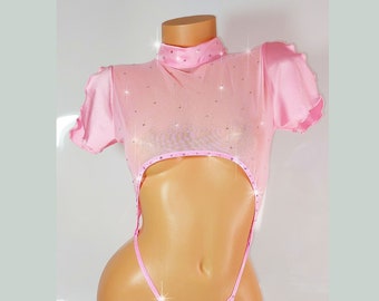 Top court une pièce à manches courtes romantique en strass rose pâle et string ajustable - Tenues de danse exotique pour strip-teaseuse Lingerie PoleDance