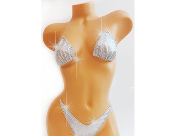 Bridal Rhinestone Bikini: White Hologram, Exotic Dancewear, Stripper bikini