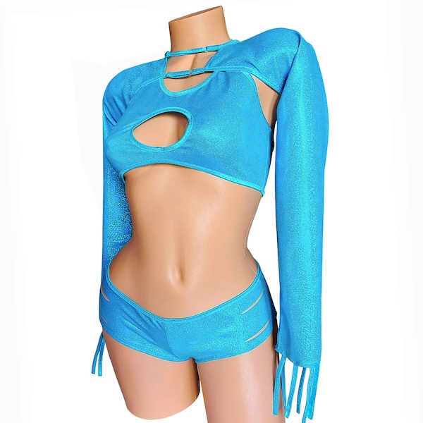 Turquoise blue Shimmer! 3 pc Designer set - Slashed Shorts, Shrug and Scoop top Set -Rave, Club, Exotic Dancewear