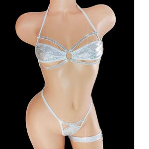 New! Hologram Rhinestone Rave dancer bikini - Pink or White * Click ADD PERSONALIZATION below to add Garter