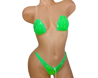 GLOWS in Black Light! Clear elastic string two piece thong bikini Neon Green with Rhinestones