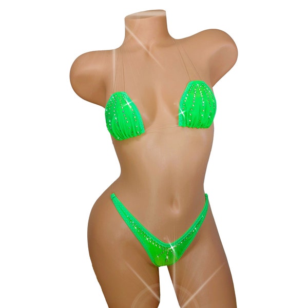 GLOWS in Black Light! Clear elastic string two piece thong bikini Neon Green with Rhinestones