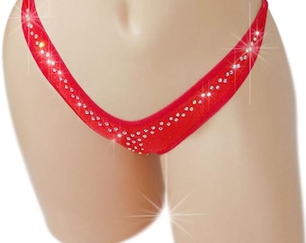 Cord Red Rhinestone Thong: Adjustable Rave Dancewear