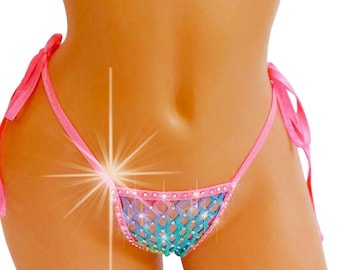 Rainbow Rhinestone Fishnet Thong lined: Rave G-String, Adjustable Tie Sides