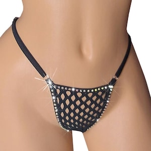 Black RHINESTONE Fishnet Fully lined thong G-string - 5 sizes from XS to XL - Adjustable - Rave Stripper outfits Exotic dancewear Pole dance