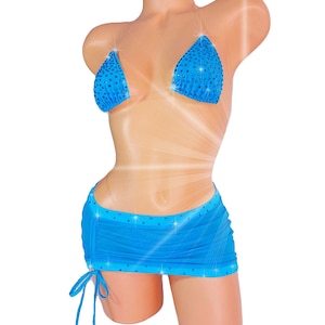 LINED Ocean Blue Mesh drenched in Rhinestones! Sexy skirt micro mini Clear Elastic illusion bikini set - AA to DD cups Stripper outfits Pole