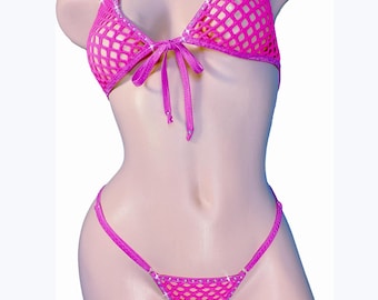 Rhinestone Fishnet halter & Adjustable waistband G-string thong Set - Cup sizes AA to DD, Bottom sizes from Xsm to XL * Many Colors!!