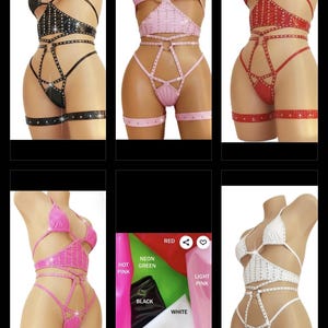 May include: A collection of multi-piece lingerie sets featuring a triangle top, a midriff-baring panel, and a high-cut bottom, all connected by thin straps with metal studs. Available in black, light pink, red, hot pink, and white color options.
