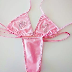 Pink Rhinestone Heart Bikini: Adjustable Strap Exotic Dancewear