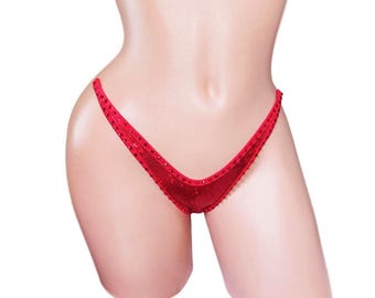 Rhinestone Hologram Thong: Adjustable Clear Elastic, Exotic Dancewear