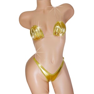 Liquid Gold Metallic Adjustable clear invisible elastic straps SizesAA - DD Bottom SizesXS - XL  stripper pole exotic thong string bikini
