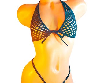 Black Fishnet Halter Lingerie Set: Adjustable G-String, AA-DD Cups