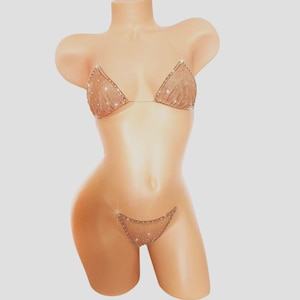 Conjunto de bikini transparente elástico con malla brillante y pedrería de cristal - ¡5 colores!