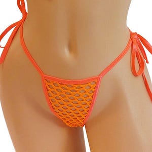 Glow in Black Light Neon Orange Fishnet Tie Side thong G-string - Five sizes XS - XL - Exotic dancewear Rave Pole Fully lined!