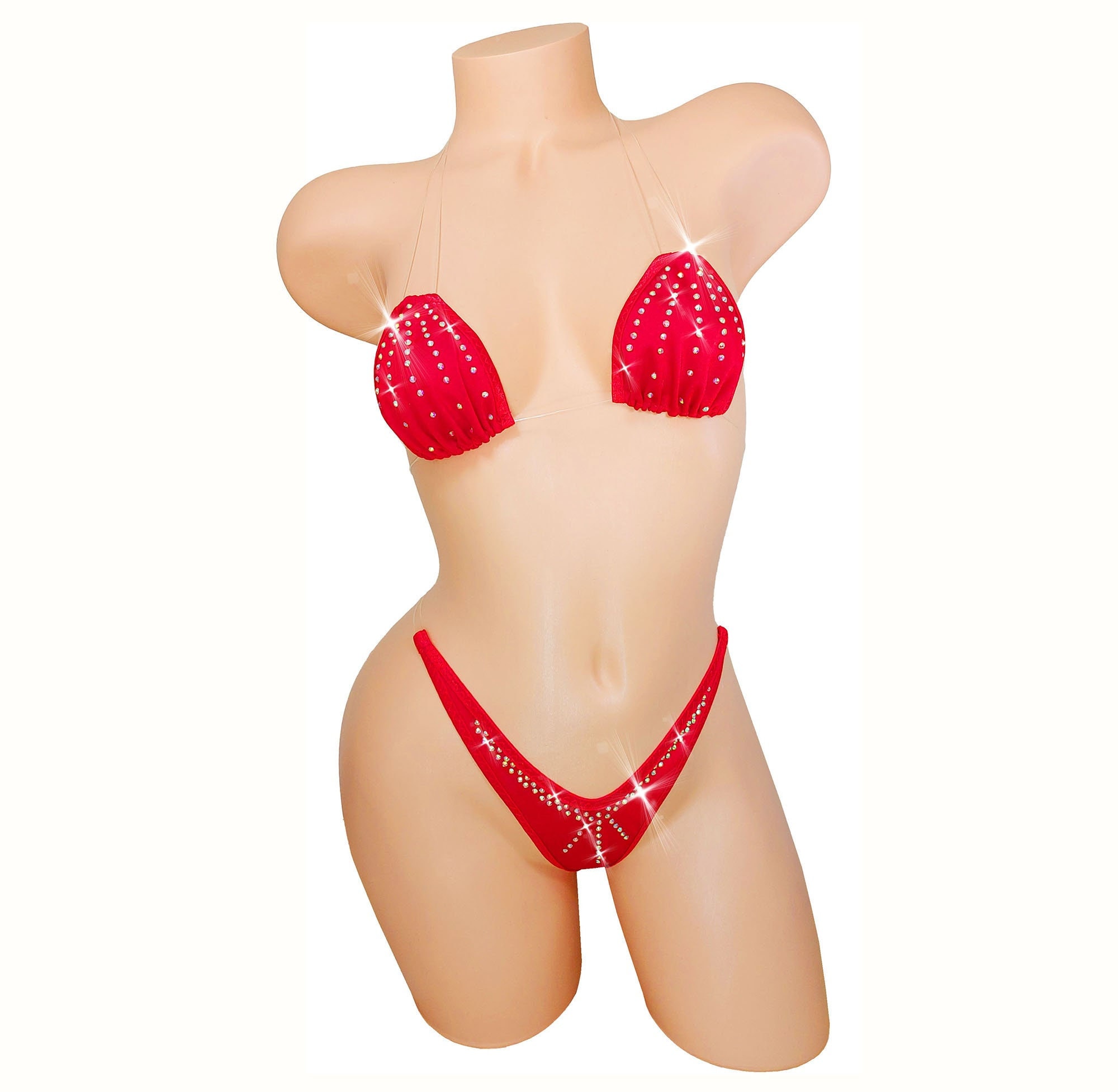 Red Rhinestone Clear invisible elastic thong string bikini - XS to XL. Exotic dancewear stripper pole outfits