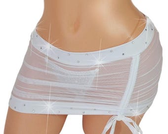 Bridal White Hike It Up sheer Mesh Rhinestone Micro Mini skirt- 12 COLORS - Outfits for strippers exotic dancer pole dance XS-LG