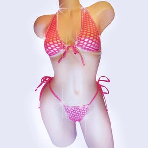 Fully lined Rhinestone Fishnet Tie Halter Set ~ 5 Mix & Match sizes! Comfy Glam! Rave outfits Stripper outfits Exotic dancewear Pole dance