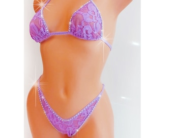 Romantic Lilac Purple Lace Rhinestone FULLY LINED Adjustable thong bikini- Rave Exotic Dancewear Stripper outfits Pole Dance lingerie, SW