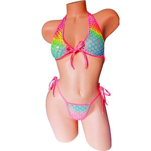 Rainbow Fishnet Rave Outfit: Black Light Bikini, Exotic Dancewear, 5 Mix & Match sizes, , Fully lined
