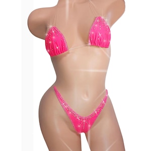 GLOWS in Black Light! Hot Pink Coral clear invisible elastic Rhinestone two piece thong string bikini exotic dancer stripper outfits & pole