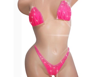 GLOWS in Black Light! Hot Pink Coral clear invisible elastic Rhinestone two piece thong string bikini exotic dancer stripper outfits & pole