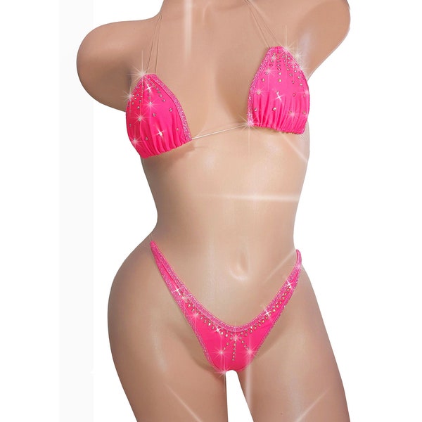 BRILLANT dans la lumière noire ! Rose corail transparent élastique invisible strass String deux pièces bikini danseuse exotique strip-teaseuse tenues et pôle