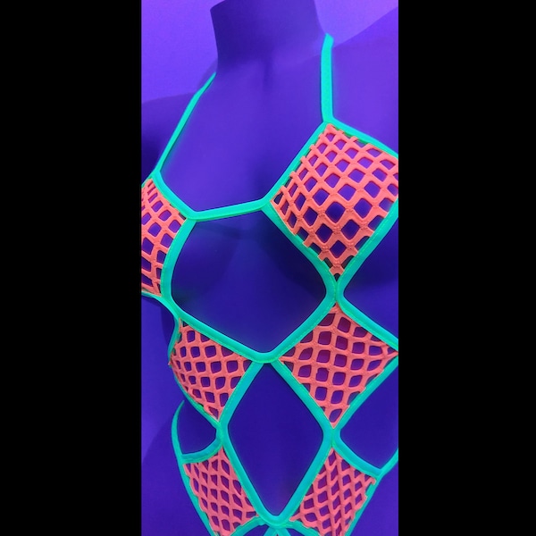8 colors- 5 Glow in Black Light! Stretchy, comfy fishnet One-Piece*from AA to DD, XSm to LG *designer exotic dancewear rave Stripper outfits