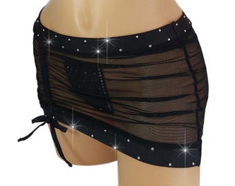 Black drawstring gathered front sheer Mesh Rhinestone Micro Mini skirt- 12 COLORS - Outfits for strippers exotic dancer pole dance XS-LG