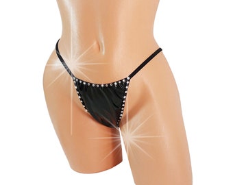 Bedazzled Vinyl Rhinestone Thong: Adjustable Exotic Dancewear  * 7 COLORS *