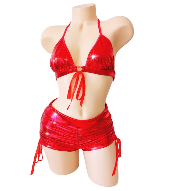 Ruby Red Metallic Shorts Set: Adjustable Bralette Top, Pole Dance Wear -  Etsy