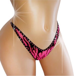 Lined GLOW in Black Lite Pink Sparkly Rhinestone Illusion Thong - AA toDD cups  XS toXL - Stripper bikini outfits exotic dancewear pole fits