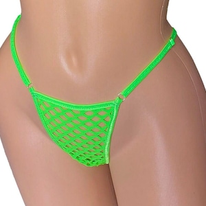 Neon Green Fishnet G-String: Adjustable Rave Thong, Glows in Black Light